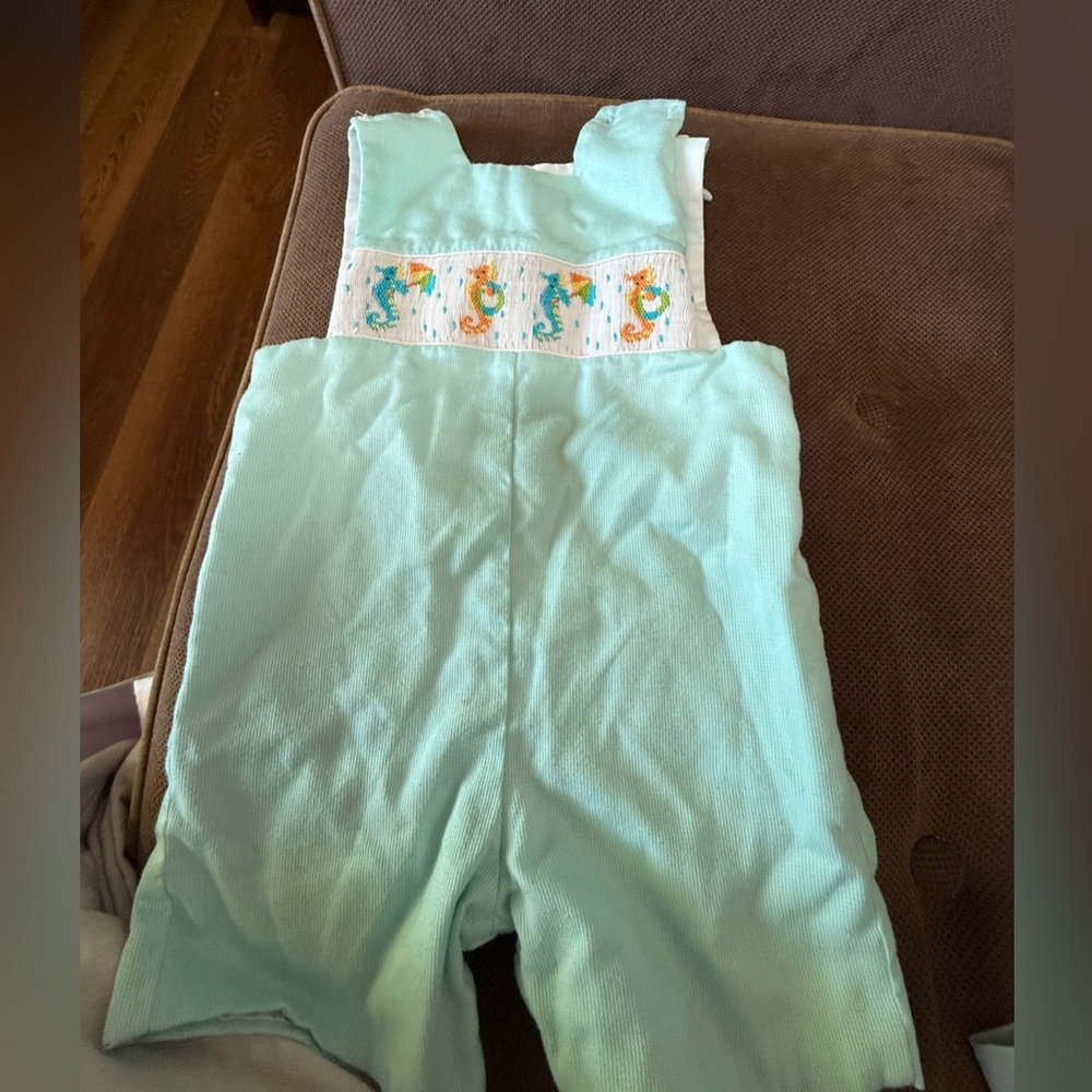 Anivini  SeaFoam Green and White Overalls Shorts with Smocked Design